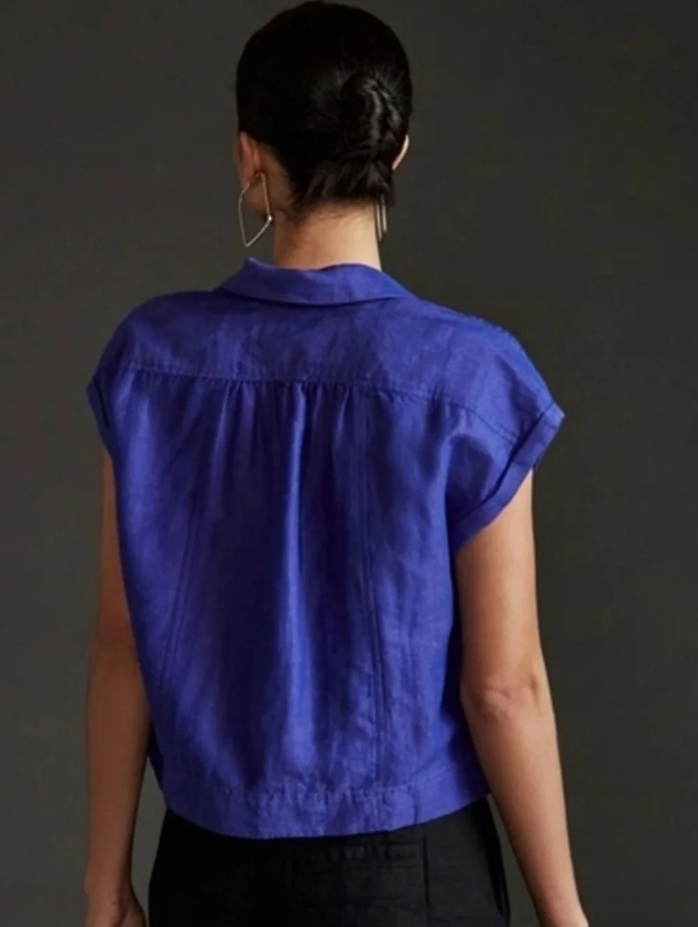 Anthropologie Womens Blue Linen Blend Oversized Boxy Boho Crop Top Sz M - Picture 2 of 12